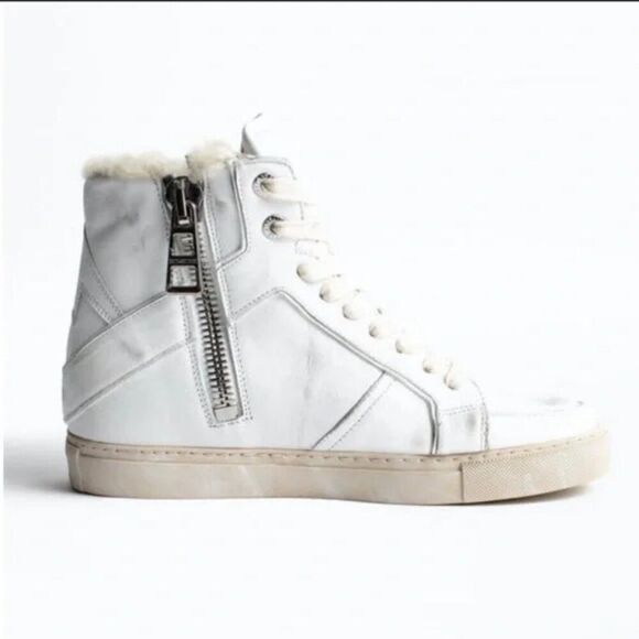NWT New ZADIG & VOLTAIRE High Flash Distressed SHEARLING Sneakers 37 US(6.5-7) - Picture 4 of 14